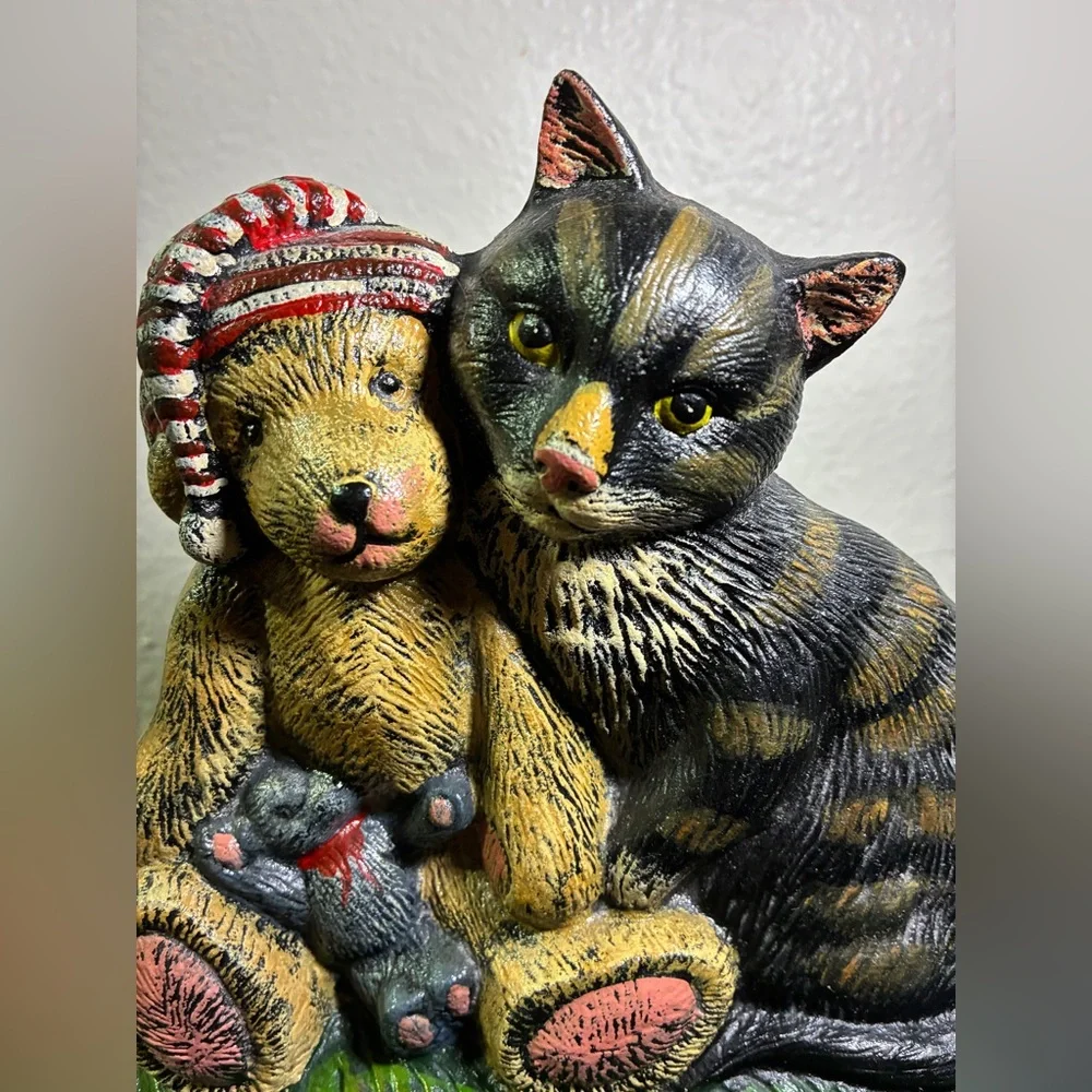 Vtg Heavy Cast Iron X-mas Bear & Cat Door Stopper Home Decor Teddy Night Metal